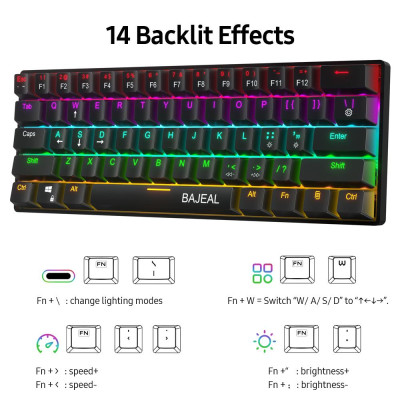 Bàn phím cơ học có dây nhỏ gọn BAJEAL với 61 phím Double Shot Keycaps 6 / N-key Rollover LED Hiệu ứng đèn nền màu xanh lam 