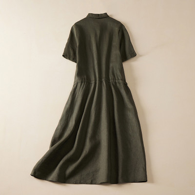 Đầm sơ mi ulzzang suông nữ, Đầm linen thời trang hè nữ kèm đai eo màu xanh rêu Haint Boutique HB75