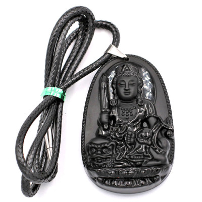 Dây Chuyền Mặt Văn Thù Bồ Tát - Thạch Anh Đen 6cm DETES3 - Kèm Hộp Nhung - Tuổi Mão