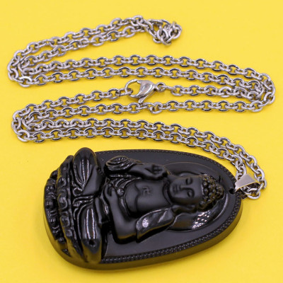 Vòng cổ mặt Phật A Di Đà - thạch anh đen 4.3cm DITTEO7 - dây inox - tuổi Tuất, Hợi