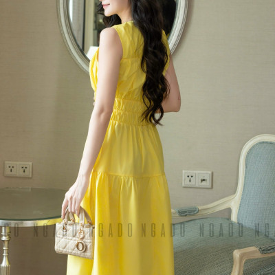Đầm vàng nhún eo NGADO , đầm dài , đầm sát nách , đầm kiểu Nữ