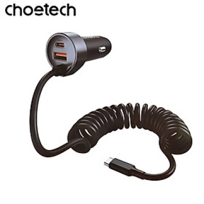 Tẩu sạc Choetech TC0030 nhanh ô tô 65W  tích hợp thêm dây cáp sạc lò xo Type C (Hàng chính hãng)