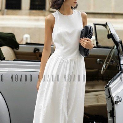 Đầm trắng xoè cổ tròn sát nách NGADO , đầm nữ , Đầm xòe nữ sát nách