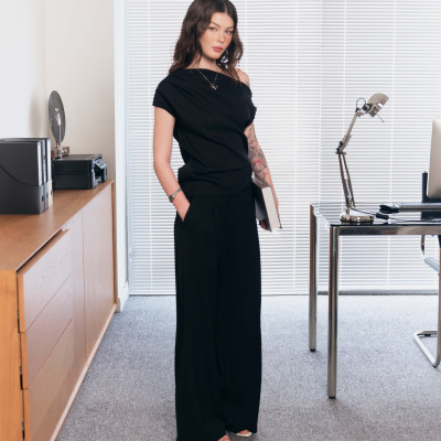 DOTTIE - Quần dài ống suông xếp ly - Đen - Q0387