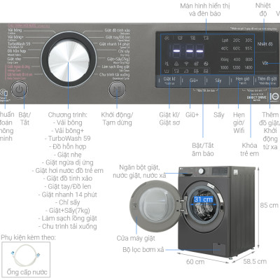 Máy giặt sấy LG Inverter giặt 11 kg - sấy 7 kg FV1411D4B - HÀNG CHÍNH HÃNG - CHỈ GIAO HCM