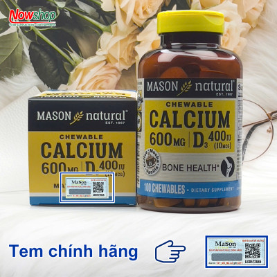 Calcium 600MG + D3 Mason Natural Hộp 100 viên tăng chiều cao xương răng chắc khỏe ngừa loãng xương