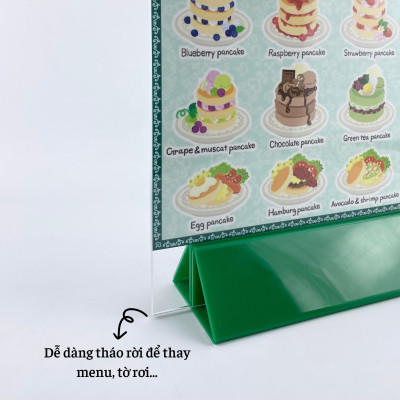 Kệ menu nhà hàng, Standee mica để bàn, Bảng quét mã QR Code, Kệ mica 2 mặt Enter E09-A 100x210mm đế lùa uốn chân chữ A