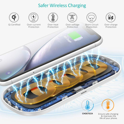 Đế sạc nhanh không dây Qi 2 in 1 cho điện thoại cho iPhone và tai nghe cho Apple Airpods 2 hiệu CHOETECH HPK-T535-S công suất 10W sạc cùng lúc 02 thiết bị - Hàng chính hãng
