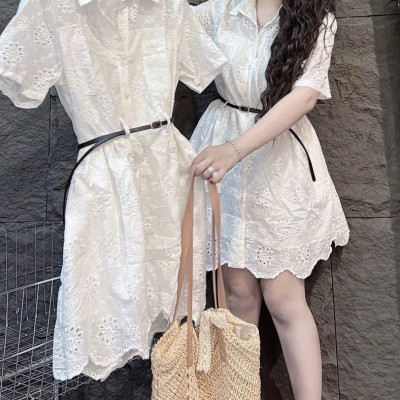 váy sơ mi dáng suông - Váy ren hoa cổ sơ mi kèm đai