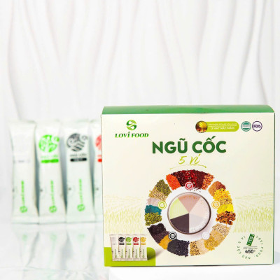 Ngũ Cốc 5 Vị LoviFood Hộp 480g (25 gói x 18g) - Thực Phẩm Bổ Sung Dinh Dưỡng Cho Mẹ Bầu, Sau Sinh, Người Già, Người Tiểu Đường, Ăn Chay, Ăn Kiêng, Eat Clean, Healthy, Tốt Cho Tim Mạch, Giúp Ngủ Ngon Hơn