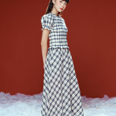 DOTTIE - Chân váy midi kẻ ô - Xanh đen - S0253