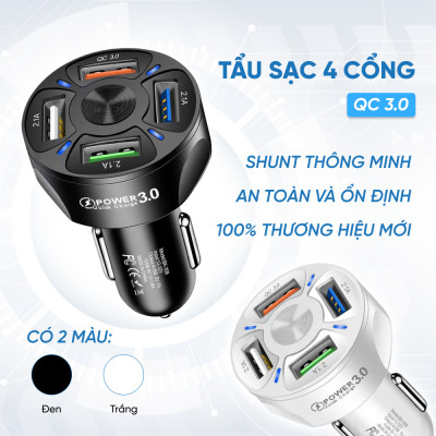 Tẩu Sạc Nhanh Thông Minh Quick Charge 3.0 | Tẩu Sạc Nhanh Thông Minh 4 Cổng USB Công Nghệ Sạc Nhanh Quick Charge 3.0, Tương Thích Nhiều Thiết Bị, Ổn Định Dòng Sạc