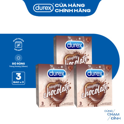 Bộ 3 hộp bao cao su Durex Naughty Chocolate hương socola, size 52mm, 3 bao/hộp