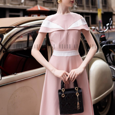 Đầm hồng tay con phối trắng NGADO