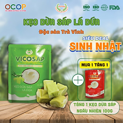 Kẹo dừa sáp VICOSAP vị lá dứa cacao nguyên chất kẹo mềm dẻo ít đường đặc sản Trà Vinh túi 100g