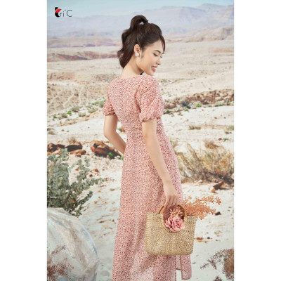 Đầm maxi hoa nhí, cổ vuông rút dúm trước Tri