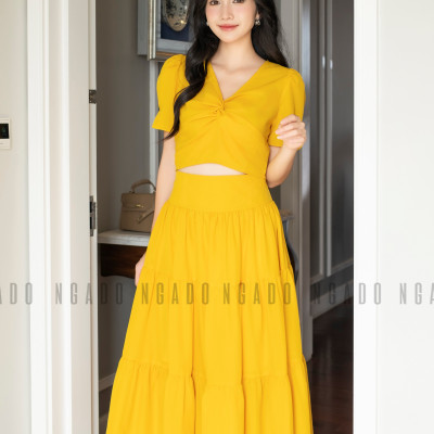 Set áo váy vàng NGADO , set đồ nữ , Set áo kèm chân váy xòe , Set đồ nữ thiết kế