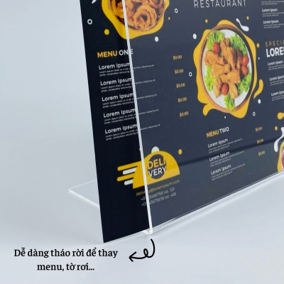 Kệ mica 1 mặt Enter F05-L 75x50mm A8 ngang, Kệ menu chữ L, Khung thông tin sản phẩm, Khung bảng giá, Kệ trưng bày để bàn