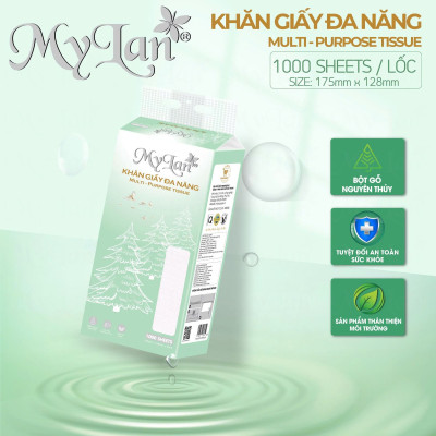 Khăn giấy cao cấp Mylan, giấy rút treo tường 1000 tờ 4 lớp bằng bột gỗ nguyên sinh