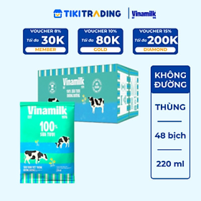 Thùng 48 Bịch Sữa Tươi Tiệt Trùng Vinamilk 100% Không Đường (220ml)
