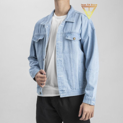 Áo khoác jean nam đắp hình Why màu xanh cơ bản năng động