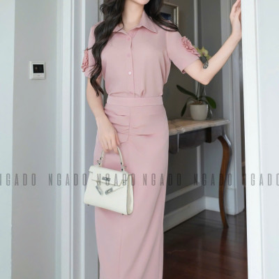 Set áo váy hồng tay hoa NGADO , set áo váy dài , set áo váy kiểu Nữ