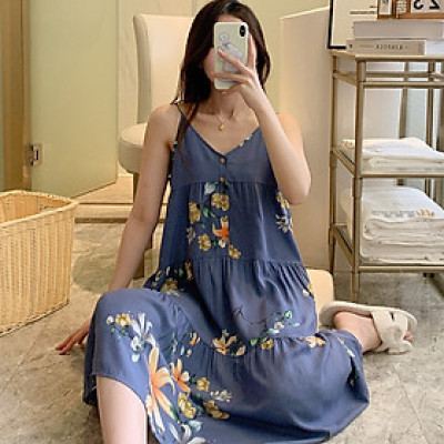 Váy 2 dây cho nữ mặc nhà vải lanh mềm mát, dáng xòe, nhiều họa tiết, freesize từ 45 đến 75 kg