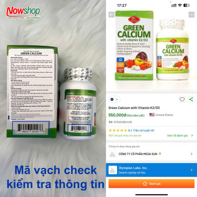 Green Calcium Olympian Labs Mỹ hộp 100 viên canxi hữu cơ chắc khoẻ xương không gây nóng dễ hấp thu