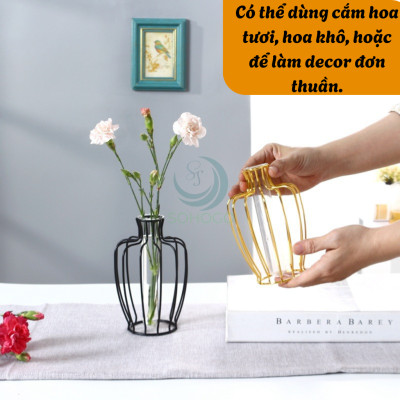 Lọ Hoa Trang Trí Khung Kim Loại Sang Trọng- Bình Hoa Thủy Tinh Kèm Khung Sắt Nghệ Thuật- Lọ Hoa Phong Cách Bắc Âu - Bình Hoa Decor Nội Thất Hiện Đại- Lọ Hoa Khung Sắt Kèm Ống Thủy Tinh Trang Nhã