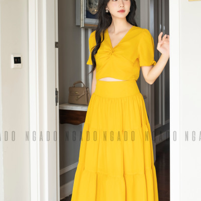 Set áo váy vàng NGADO , set đồ nữ , Set áo kèm chân váy xòe , Set đồ nữ thiết kế