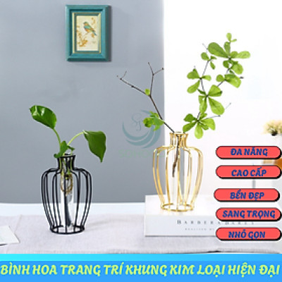 Lọ Hoa Trang Trí Khung Kim Loại Sang Trọng- Bình Hoa Thủy Tinh Kèm Khung Sắt Nghệ Thuật- Lọ Hoa Phong Cách Bắc Âu - Bình Hoa Decor Nội Thất Hiện Đại- Lọ Hoa Khung Sắt Kèm Ống Thủy Tinh Trang Nhã