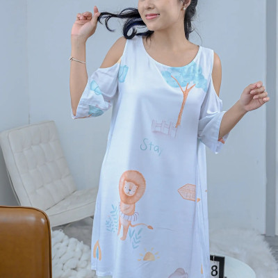 Đầm mặc nhà khoét vai LMcation Tencel - Xanh ngọc hoa văn