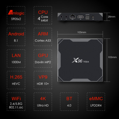 Android TV Box X96MAX-DDR4-2GB, Amlogic S905X2, Android 8.1, Bộ Nhớ 16GB, 4K TV Box USB3.0 WiFi, Gigabit LAN - Hàng Nhập Khẩu