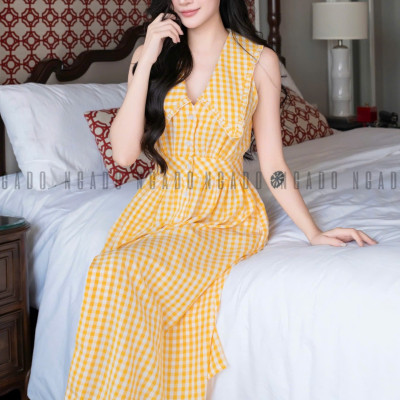 Đầm caro vàng sát nách NGADO , đầm kẻ caro , đầm sơ mi