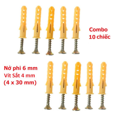 Set 10 Vít + Nở 6 Nhựa Giá Rẻ, Vít Sắt Kèm Nở Vàng 6, Nở Nhựa Đóng Tường, Phù Hợp Lỗ Khoan 6. Takyhome 5080_VIt_No_Re