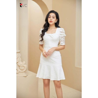 Đầm chữ A đuôi cá gấm dệt vân nổi vặn xoắn cầu ngực Tri