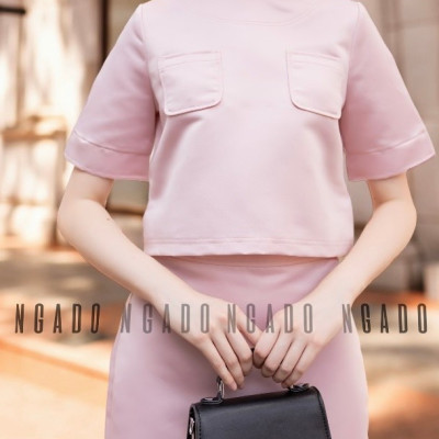 Set áo váy hồng ngắn tay NGADO , váy nữ , set đồ nữ , set đồ nữ , chân váy dài phối áo cổ tròn