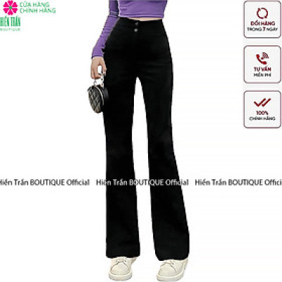 Quần ống rộng Hiền Trần BOUTIQUE lưng cạp cao 2 cúc baggy vải nữ dài suông loe culottes màu đen