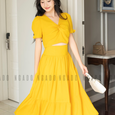 Set áo váy vàng NGADO , set đồ nữ , Set áo kèm chân váy xòe , Set đồ nữ thiết kế