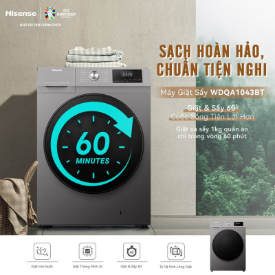 Máy giặt Hisense Inverter cửa ngang WFQA1043BT 10.5kg diệt khuẩn 99%, tiết kiệm điện, bảo hành 3 năm - HÀNG CHÍNH HÃNG