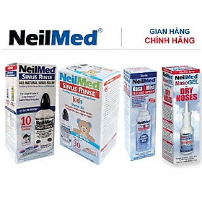 Combo Family: Bộ Xịt Rửa Vệ Sinh Mũi Xoang Toàn Diện Cho Cả Gia Đình NeilMed Sinus Rinse & Moisturize - SX Mỹ(Bình + 10 gói muối người lớn, Bình + 30 gói muối trẻ em; 1 chai xịt phun sương 75ml cho bé; 1 chai xịt ngăn ngừa khô mũi, chảy máu cam)