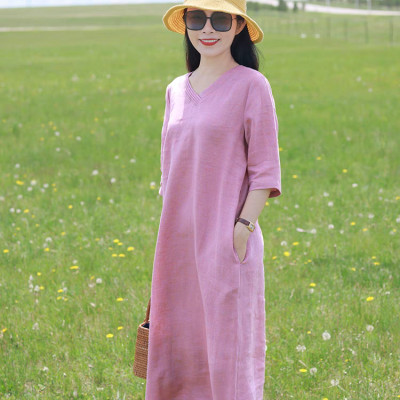 Đầm linen nữ dáng suông thắt eo cổ tim, tay lỡ, chất linen mềm màu hồng nữ tính mẫu hè mới Haint Boutique