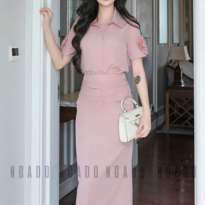 Set áo váy hồng tay hoa NGADO , set áo váy dài , set áo váy kiểu Nữ