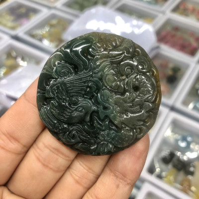 Mặt dây chuyền Rồng phượng Long Phụng sum vầy đá ngọc băng tảo