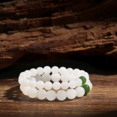 Vòng tay phong thủy, vòng tay may mắn đá mã não trắng mix 1 hạt đá thạch anh xanh