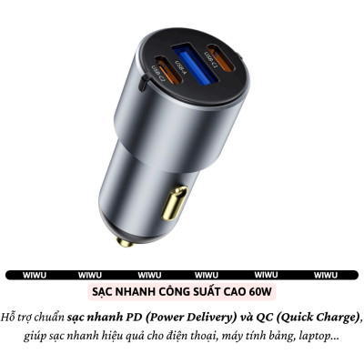 Tẩu củ sạc nhanh 60W cho xe hơi ô tô 2 PD3.0 Type- C + USB-A QC3.0 hiệu WIWU Nano Pro cho iphone 17 16 15 14 13 12 iPad Vivo Oppo samsung cho Macbook - hàng nhập khẩu