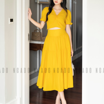Set áo váy vàng NGADO , set đồ nữ , Set áo kèm chân váy xòe , Set đồ nữ thiết kế