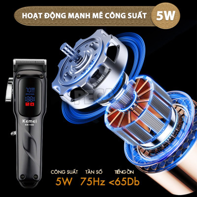 Tông đơ cắt tóc chuyên nghiệp Kemei KM-1550 cống suất mạnh 5W màn hình LCD sạc nhanh USB type C tiện lợi - Chính hãng