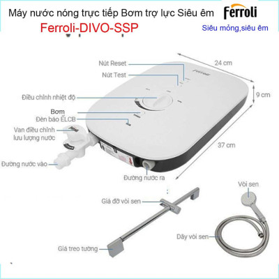 Máy nước nóng trực tiếp Ferroli slim DIVO SSP 4.500W, có bơm tăng áp - Hàng chính hãng