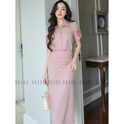 Set áo váy hồng tay hoa NGADO , set áo váy dài , set áo váy kiểu Nữ